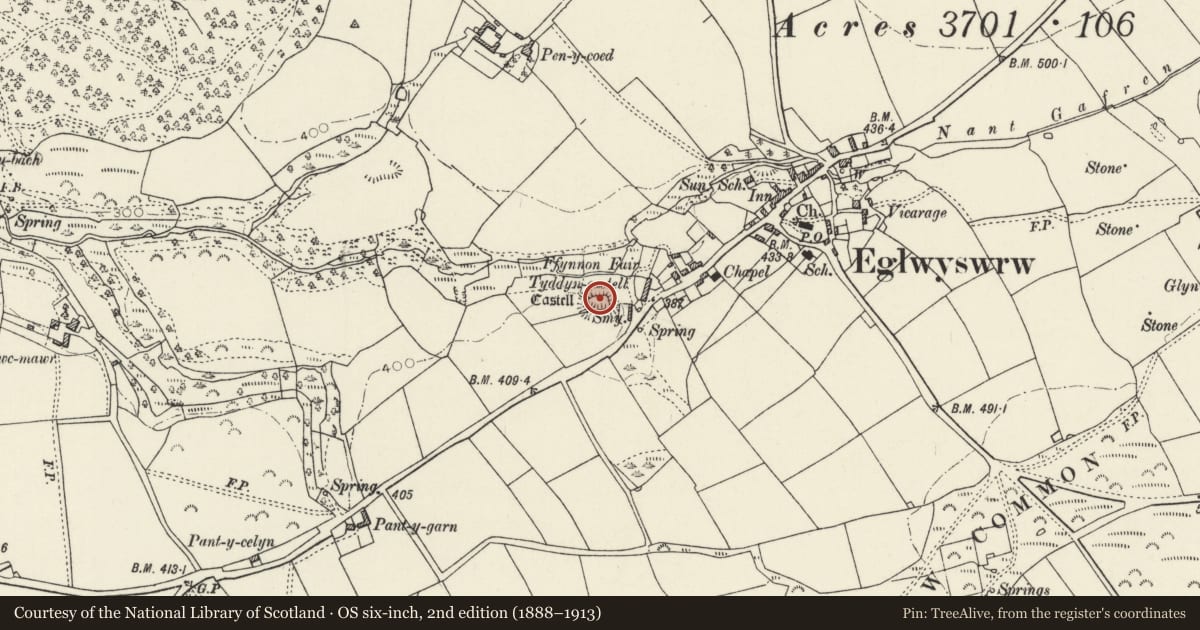 Ordnance Survey six-inch map, 2nd edition (1888–1913) covering the location of Castell Eglwyswrw, Pembrokeshire, with a pin at the register's coordinates