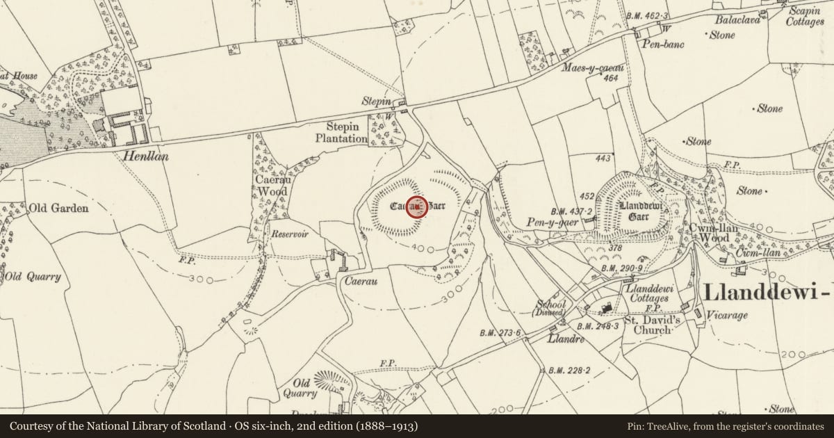 Ordnance Survey six-inch map, 2nd edition (1888–1913) covering the location of Caerau Gaer, Llanddewi Velfrey, Pembrokeshire, with a pin at the register's coordinates