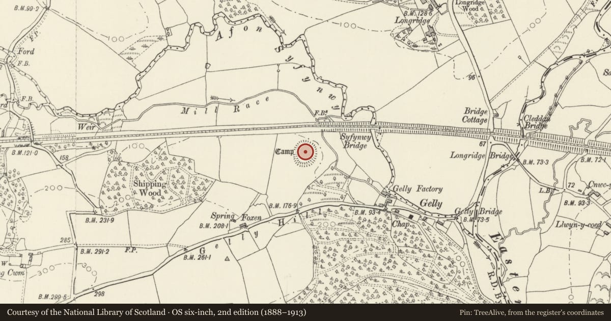 Ordnance Survey six-inch map, 2nd edition (1888–1913) covering the location of Gelly Earthwork, Llawhaden, Pembrokeshire, with a pin at the register's coordinates