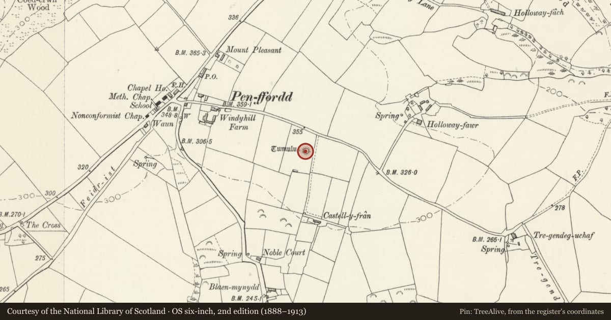 Ordnance Survey six-inch map, 2nd edition (1888–1913) covering the location of Castell-y-Fran, New Moat, Pembrokeshire, with a pin at the register's coordinates