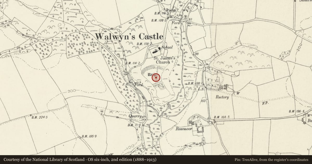 Ordnance Survey six-inch map, 2nd edition (1888–1913) covering the location of Rath S of St James Church, Walwyn's Castle, Pembrokeshire, with a pin at the register's coordinates