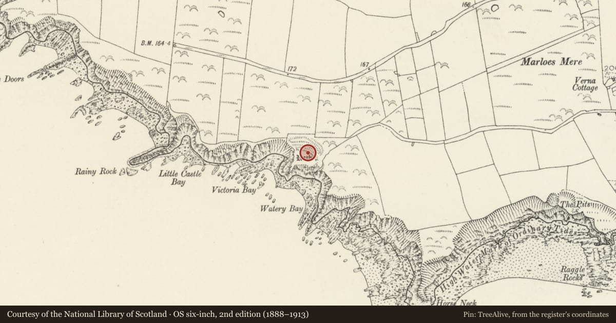Ordnance Survey six-inch map, 2nd edition (1888–1913) covering the location of Watery Bay Rath, Marloes and St. Brides, Pembrokeshire, with a pin at the register's coordinates