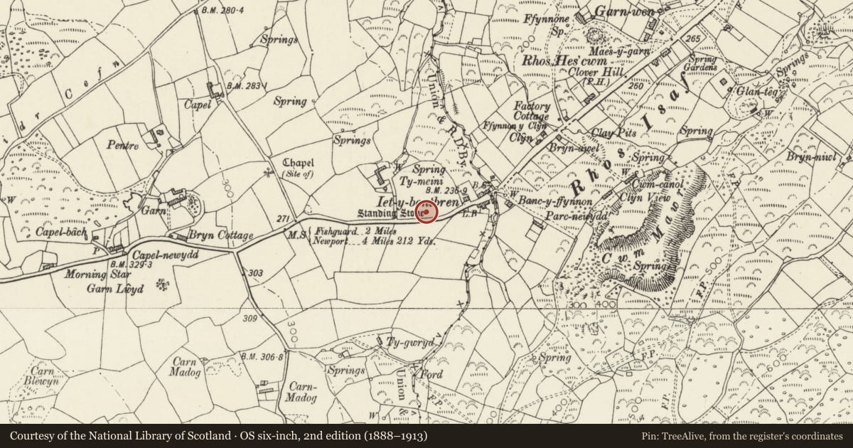 Ordnance Survey six-inch map, 2nd edition (1888–1913) covering the location of Ty-Meini Standing Stone, Dinas Cross, Pembrokeshire, with a pin at the register's coordinates