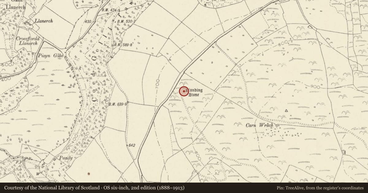 Ordnance Survey six-inch map, 2nd edition (1888–1913) covering the location of Tre-Fach Standing Stone, Nevern, Pembrokeshire, with a pin at the register's coordinates
