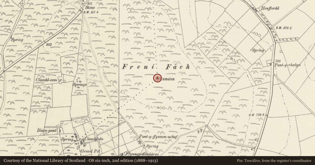 Ordnance Survey six-inch map, 2nd edition (1888–1913) covering the location of Freni-Fach Round Barrow, Clydey, Pembrokeshire, with a pin at the register's coordinates
