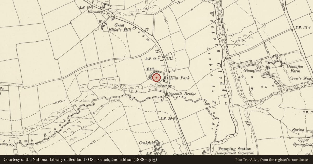 Ordnance Survey six-inch map, 2nd edition (1888–1913) covering the location of Crowhill Rath, Camrose, Pembrokeshire, with a pin at the register's coordinates