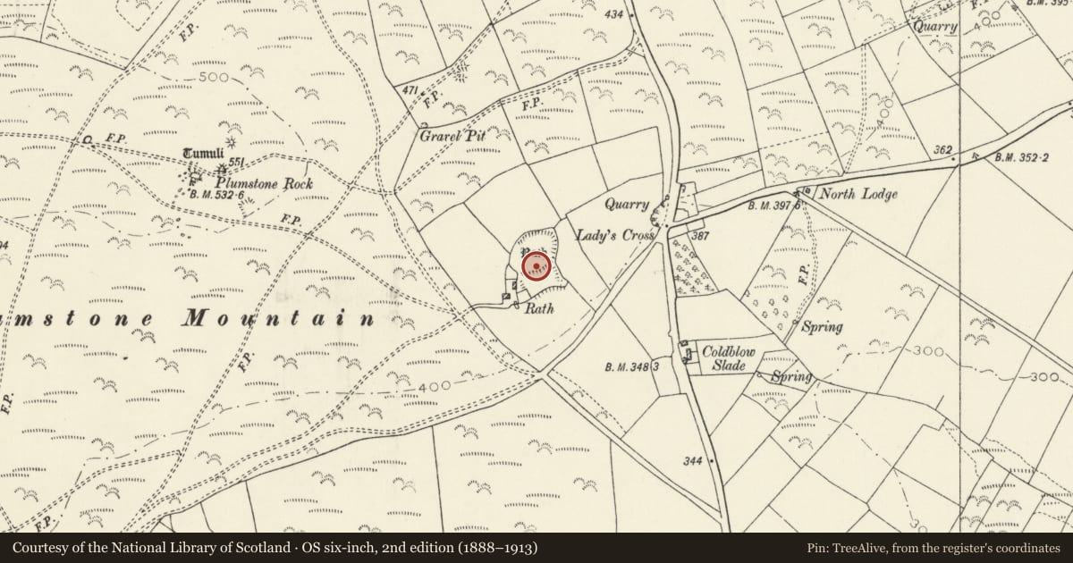 Ordnance Survey six-inch map, 2nd edition (1888–1913) covering the location of Plumstone Rath, Camrose, Pembrokeshire, with a pin at the register's coordinates