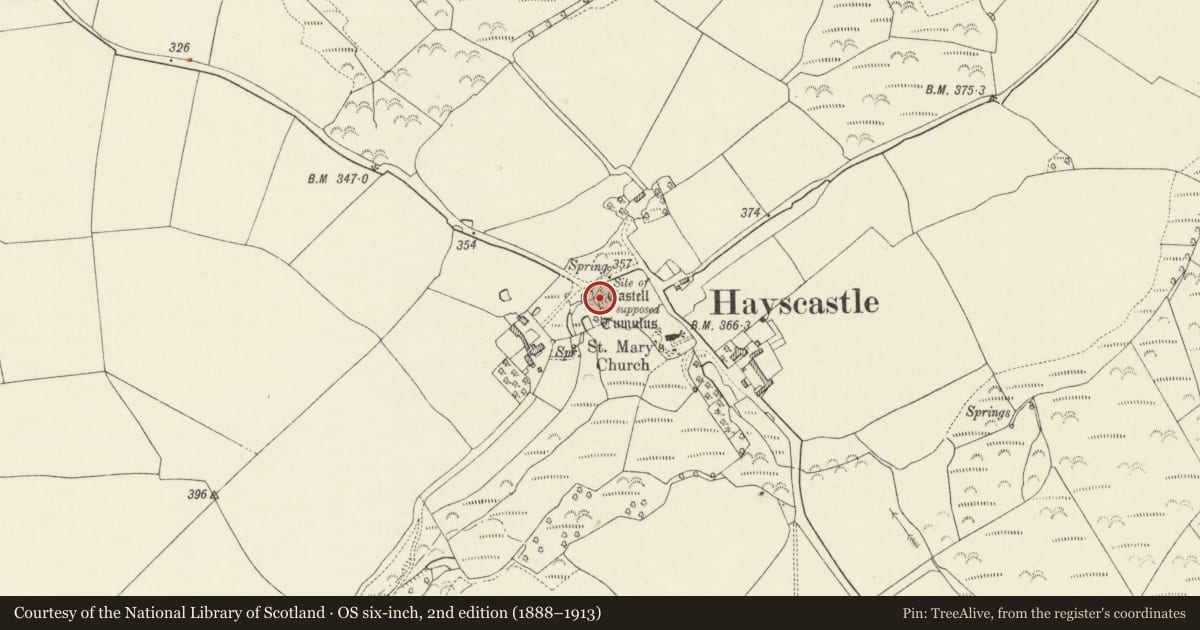 Ordnance Survey six-inch map, 2nd edition (1888–1913) covering the location of Castle Mound, Hayscastle, Pembrokeshire, with a pin at the register's coordinates