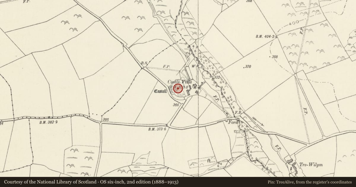 Ordnance Survey six-inch map, 2nd edition (1888–1913) covering the location of Castle Villa Camp, Brawdy, Pembrokeshire, with a pin at the register's coordinates