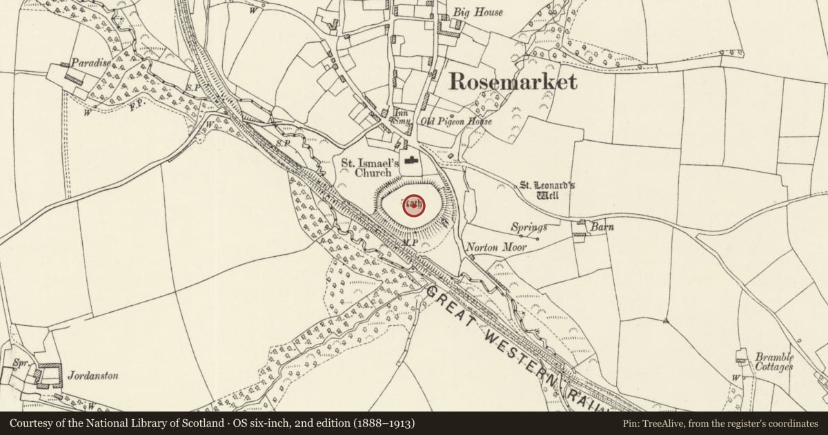 Ordnance Survey six-inch map, 2nd edition (1888–1913) covering the location of Rosemarket Rath, Pembrokeshire, with a pin at the register's coordinates