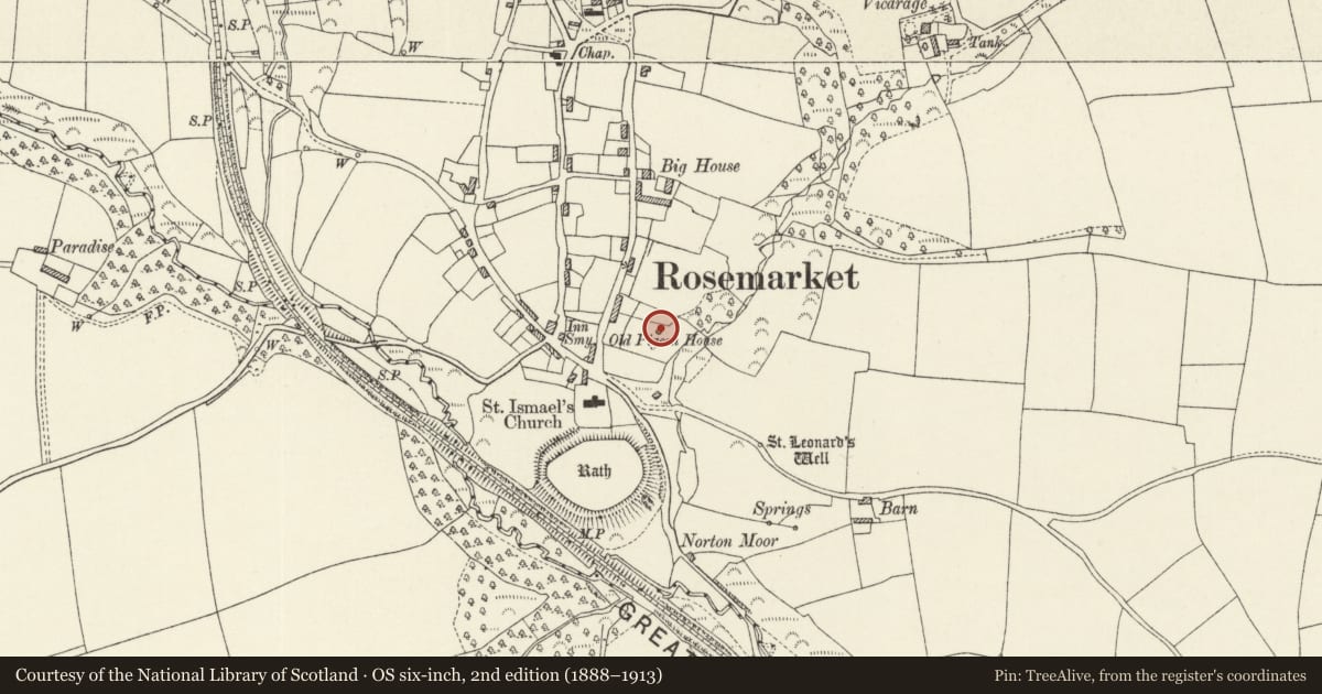 Ordnance Survey six-inch map, 2nd edition (1888–1913) covering the location of Rosemarket Dovecot, Pembrokeshire, with a pin at the register's coordinates