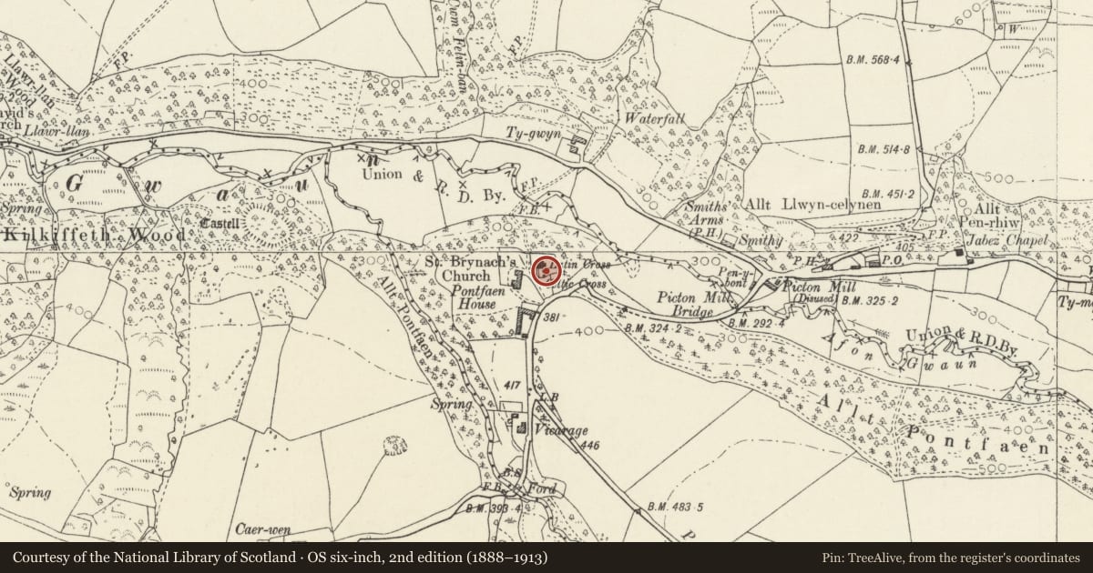 Ordnance Survey six-inch map, 2nd edition (1888–1913) covering the location of Two Pillar-Crosses in Churchyard, Cwm Gwaun, Pembrokeshire, with a pin at the register's coordinates
