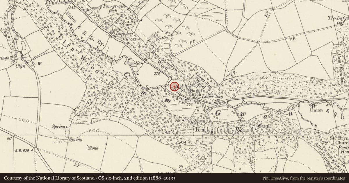 Ordnance Survey six-inch map, 2nd edition (1888–1913) covering the location of Five Pillar-Crosses in Churchyard, Cwm Gwaun, Pembrokeshire, with a pin at the register's coordinates