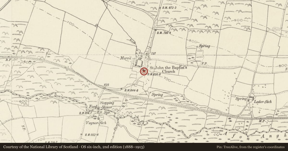 Ordnance Survey six-inch map, 2nd edition (1888–1913) covering the location of Two Early Christian Crosses in Morvil Churchyard, Puncheston, Pembrokeshire, with a pin at the register's coordinates