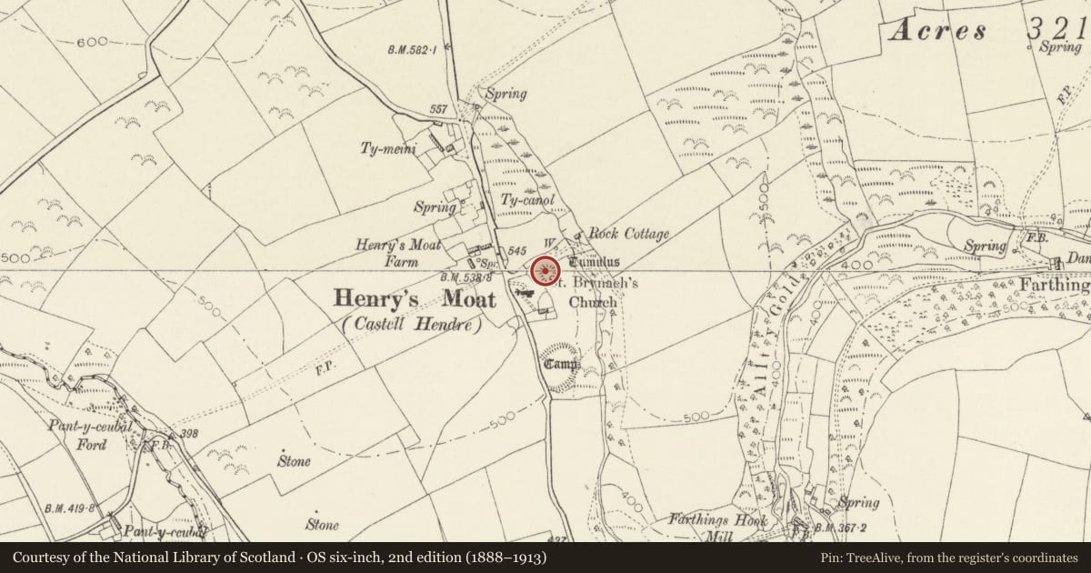 Ordnance Survey six-inch map, 2nd edition (1888–1913) covering the location of Castell Hendre, Puncheston, Pembrokeshire, with a pin at the register's coordinates