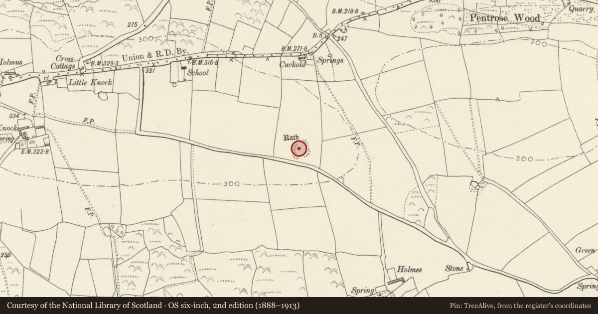 Ordnance Survey six-inch map, 2nd edition (1888–1913) covering the location of Knock Rath, Wiston, Pembrokeshire, with a pin at the register's coordinates