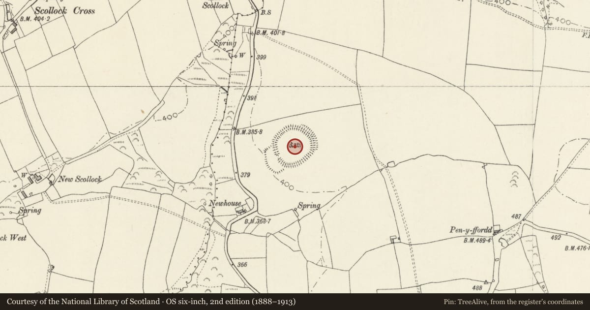Ordnance Survey six-inch map, 2nd edition (1888–1913) covering the location of Scollock Rath, Wiston, Pembrokeshire, with a pin at the register's coordinates