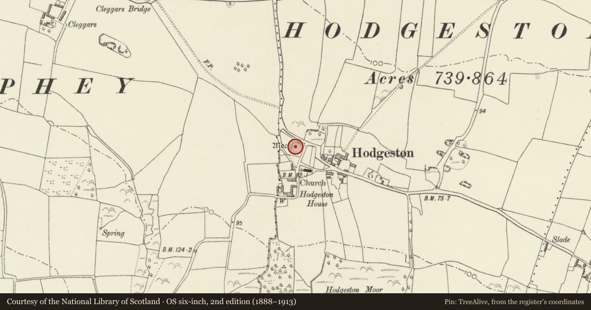 Ordnance Survey six-inch map, 2nd edition (1888–1913) covering the location of Hodgeston Moated Site, Lamphey, Pembrokeshire, with a pin at the register's coordinates