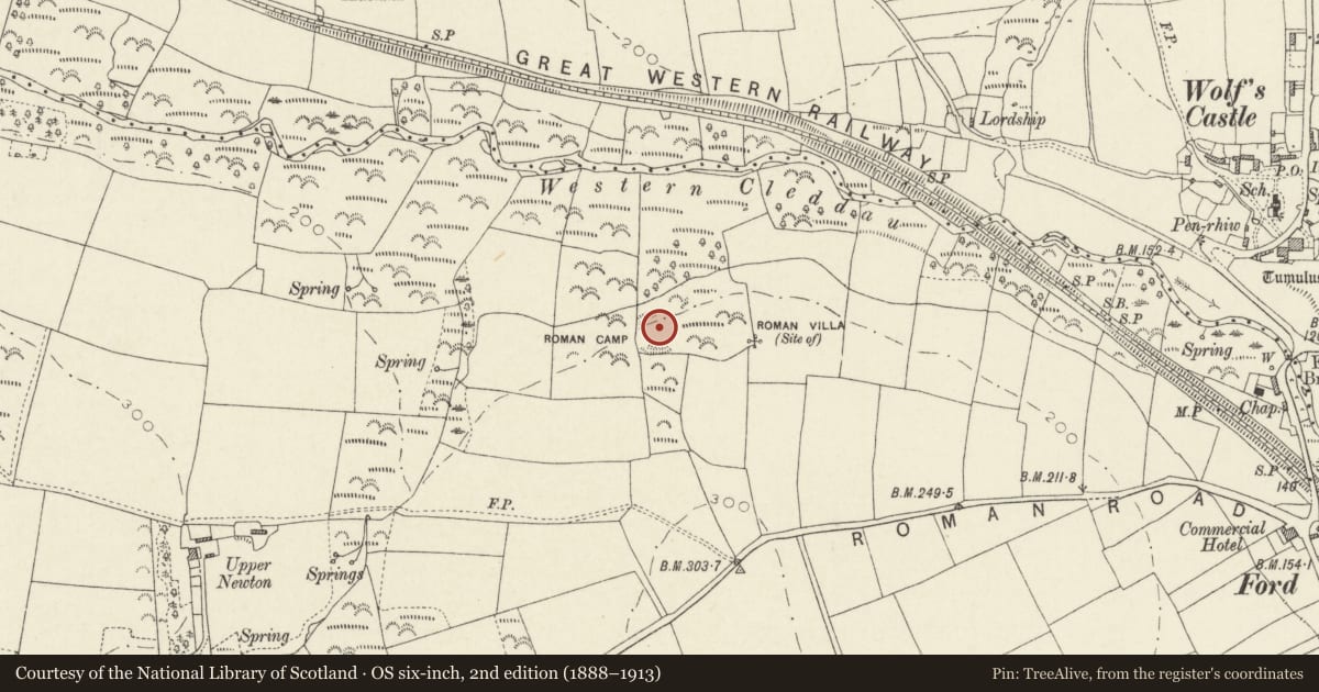 Ordnance Survey six-inch map, 2nd edition (1888–1913) covering the location of Ford Camp, Wolfscastle, Pembrokeshire, with a pin at the register's coordinates