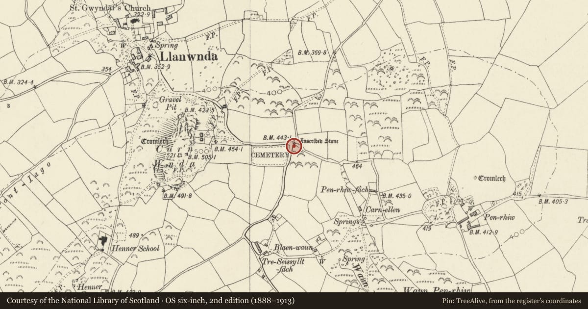 Ordnance Survey six-inch map, 2nd edition (1888–1913) covering the location of Incised Cross at Cemetery Cross Roads, Pencaer, Pembrokeshire, with a pin at the register's coordinates