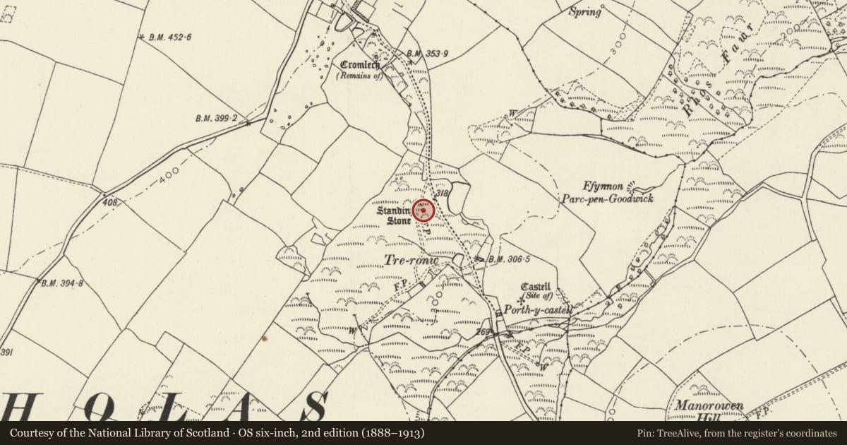 Ordnance Survey six-inch map, 2nd edition (1888–1913) covering the location of Ffynnon- Druidion Standing Stone, Pencaer, Pembrokeshire, with a pin at the register's coordinates