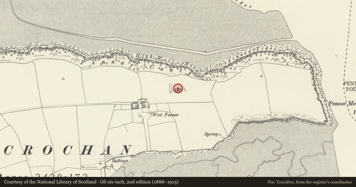 Ordnance Survey six-inch map, 2nd edition (1888–1913) covering the location of West Pennar Camp, Hundleton, Pembrokeshire, with a pin at the register's coordinates
