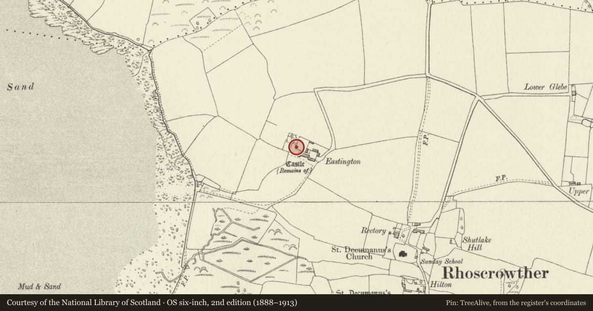 Ordnance Survey six-inch map, 2nd edition (1888–1913) covering the location of Eastington Manor House, Hundleton, Pembrokeshire, with a pin at the register's coordinates
