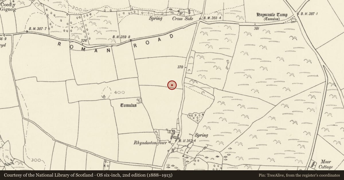 Ordnance Survey six-inch map, 2nd edition (1888–1913) covering the location of Rhyndaston-Fawr Standing Stone, Hayscastle, Pembrokeshire, with a pin at the register's coordinates