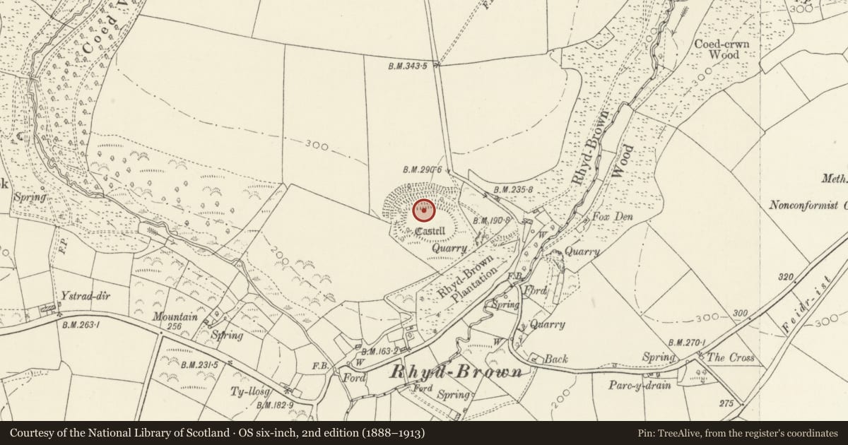 Ordnance Survey six-inch map, 2nd edition (1888–1913) covering the location of Rhyd-Brown Camp, New Moat, Pembrokeshire, with a pin at the register's coordinates