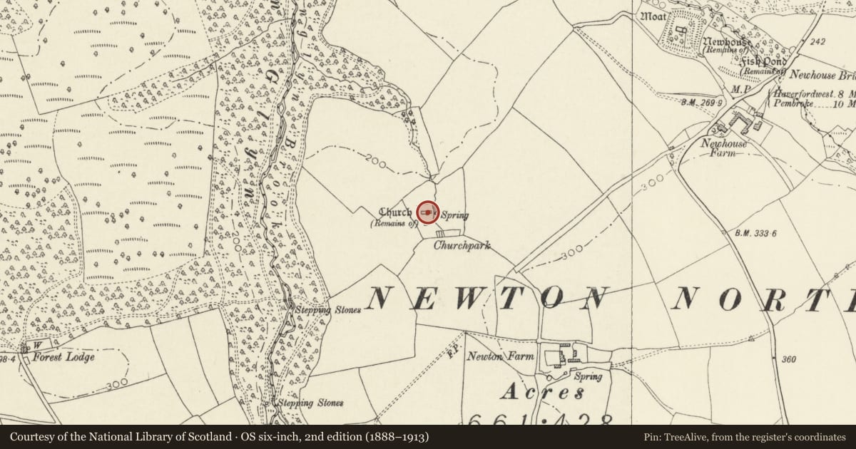 Ordnance Survey six-inch map, 2nd edition (1888–1913) covering the location of Newton North Church, Martletwy, Pembrokeshire, with a pin at the register's coordinates