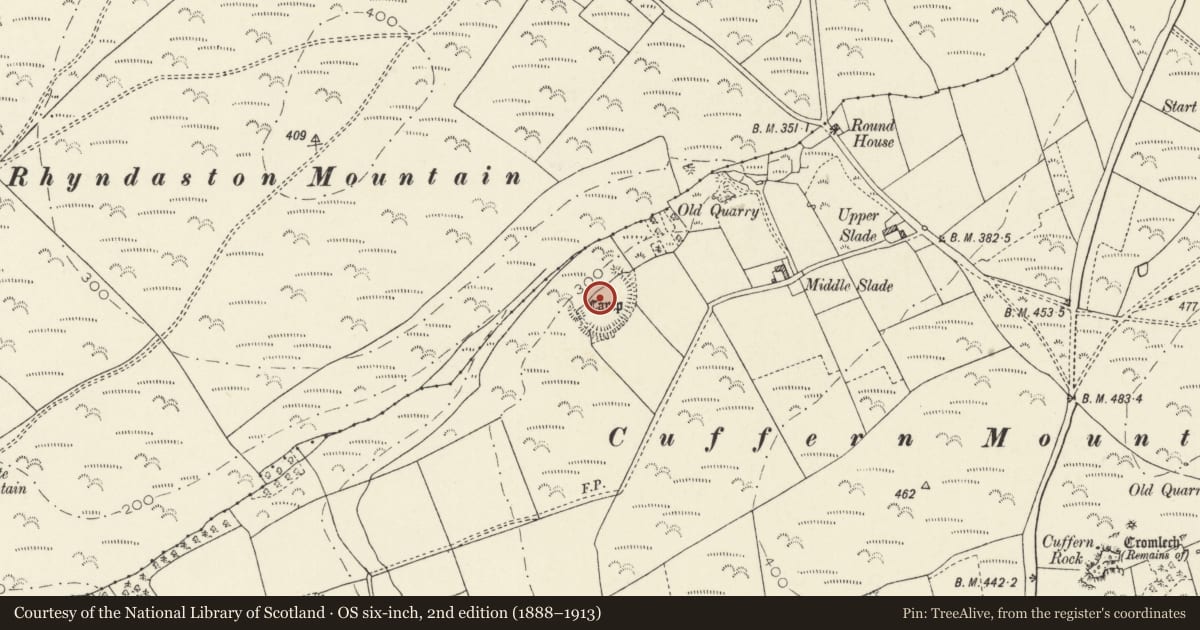 Ordnance Survey six-inch map, 2nd edition (1888–1913) covering the location of Slade Camp, Nolton and Roch, Pembrokeshire, with a pin at the register's coordinates