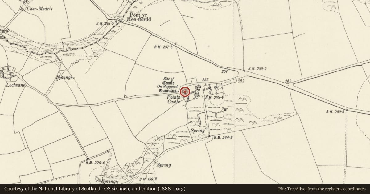 Ordnance Survey six-inch map, 2nd edition (1888–1913) covering the location of Pointz Castle Mound, Brawdy, Pembrokeshire, with a pin at the register's coordinates