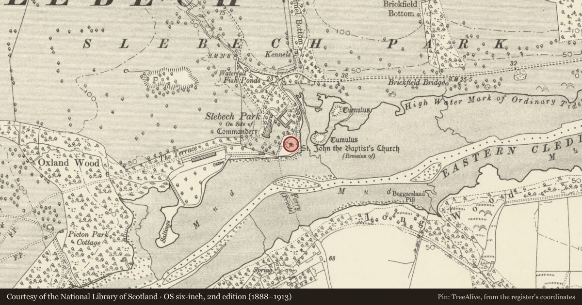 Ordnance Survey six-inch map, 2nd edition (1888–1913) covering the location of Slebech Old Church, Pembrokeshire, with a pin at the register's coordinates