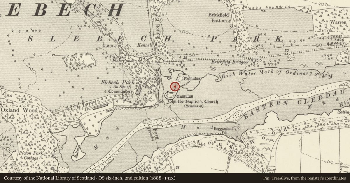 Ordnance Survey six-inch map, 2nd edition (1888–1913) covering the location of Mounds on the Island, Slebech, Pembrokeshire, with a pin at the register's coordinates