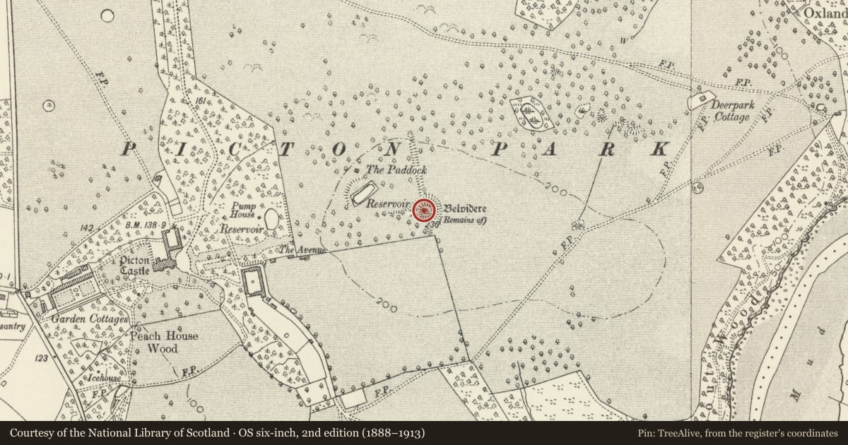 Ordnance Survey six-inch map, 2nd edition (1888–1913) covering the location of Picton Castle Mound, Slebech, Pembrokeshire, with a pin at the register's coordinates