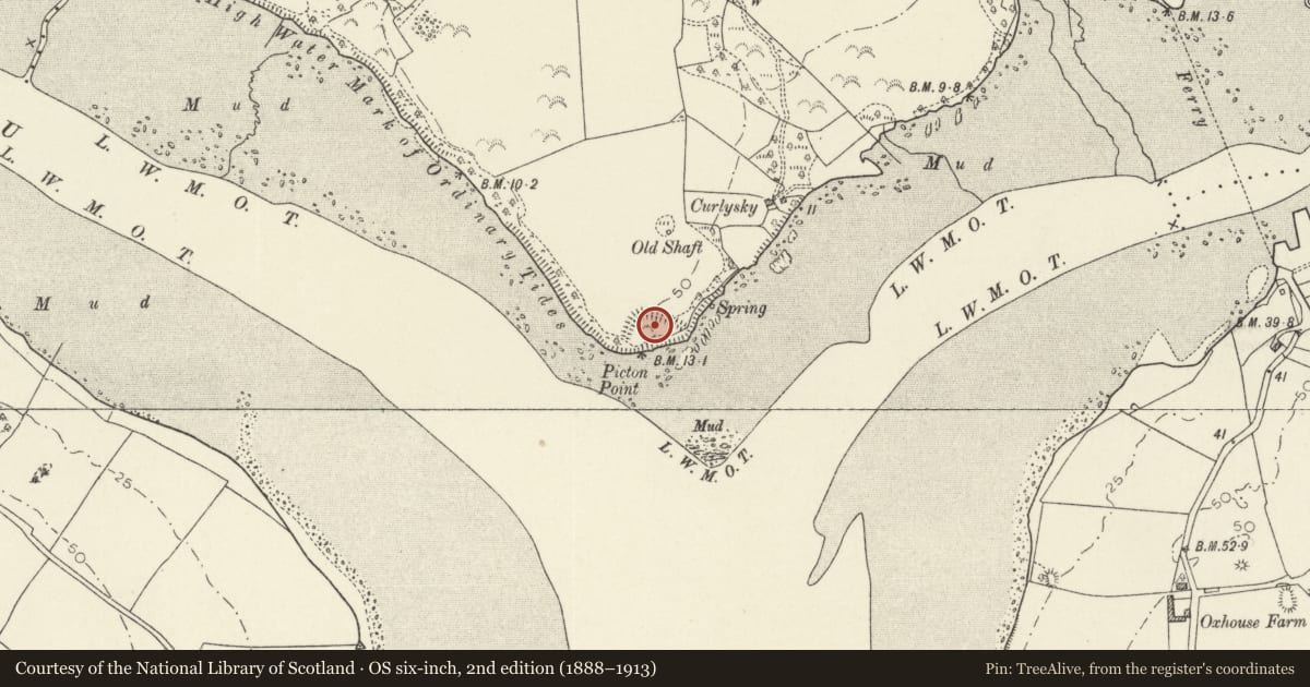 Ordnance Survey six-inch map, 2nd edition (1888–1913) covering the location of Picton Point Camp, Slebech, Pembrokeshire, with a pin at the register's coordinates
