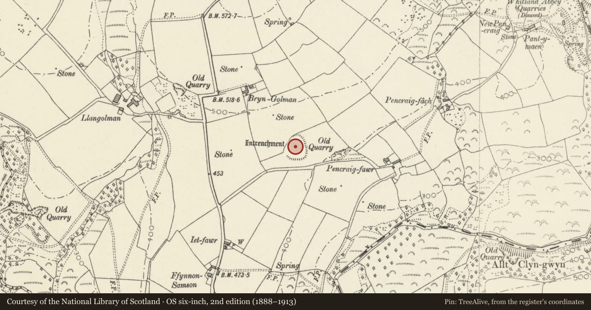 Ordnance Survey six-inch map, 2nd edition (1888–1913) covering the location of Pencraig-Fawr Camp, Mynachlog-Ddu, Pembrokeshire, with a pin at the register's coordinates