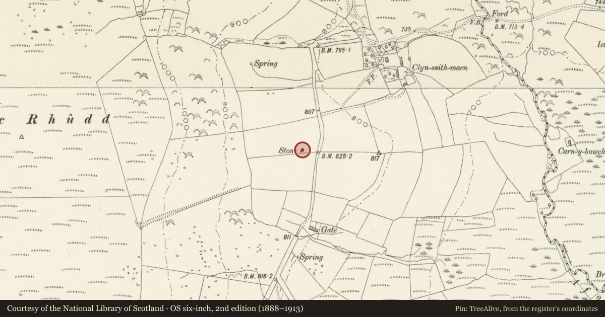 Ordnance Survey six-inch map, 2nd edition (1888–1913) covering the location of Gate Standing Stone, Mynachlog-Ddu, Pembrokeshire, with a pin at the register's coordinates