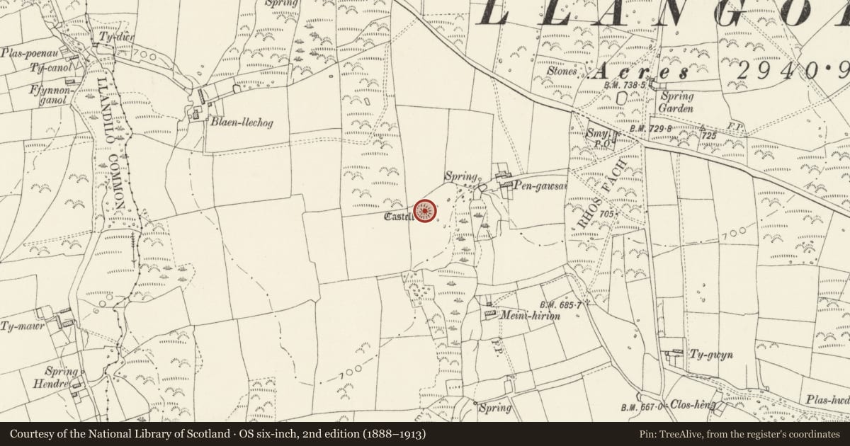 Ordnance Survey six-inch map, 2nd edition (1888–1913) covering the location of Castell Pen-Gawsai, Mynachlog-Ddu, Pembrokeshire, with a pin at the register's coordinates