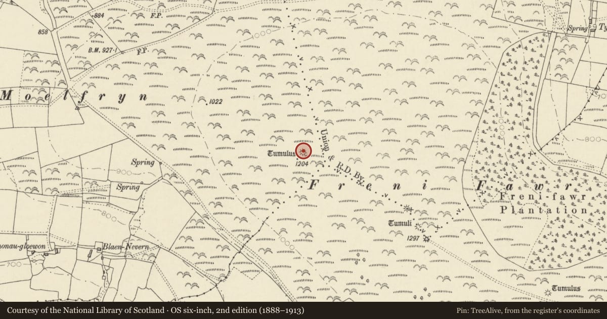 Ordnance Survey six-inch map, 2nd edition (1888–1913) covering the location of Round Barrow on W Slope of Freni Fawr, Boncath, Pembrokeshire, with a pin at the register's coordinates