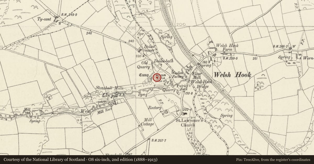 Ordnance Survey six-inch map, 2nd edition (1888–1913) covering the location of St Lawrence Camp, Hayscastle, Pembrokeshire, with a pin at the register's coordinates