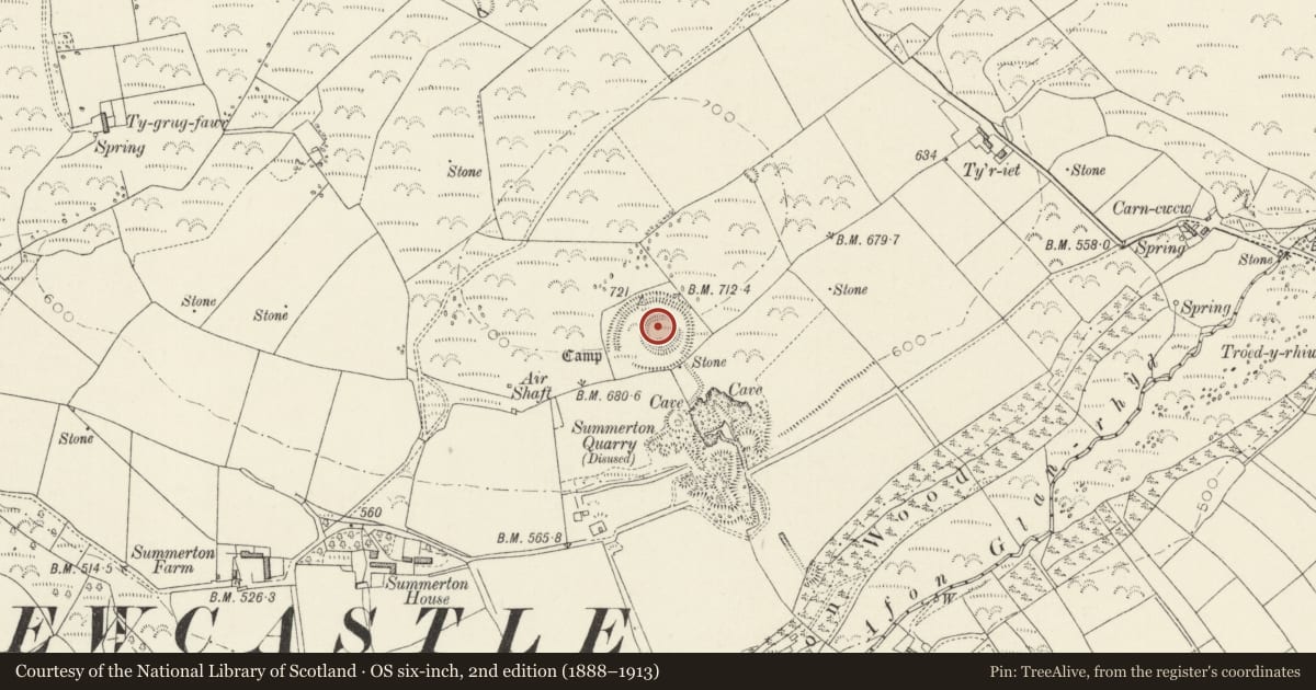 Ordnance Survey six-inch map, 2nd edition (1888–1913) covering the location of Summerton Camp, Puncheston, Pembrokeshire, with a pin at the register's coordinates