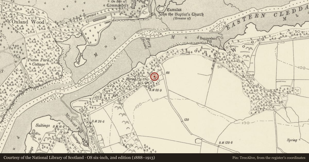 Ordnance Survey six-inch map, 2nd edition (1888–1913) covering the location of Sister's House, Martletwy, Pembrokeshire, with a pin at the register's coordinates