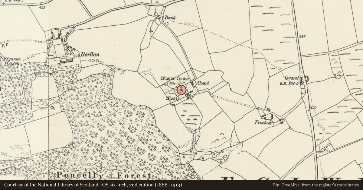 Ordnance Survey six-inch map, 2nd edition (1888–1913) covering the location of Court Moated Site, Eglwyswrw, Pembrokeshire, with a pin at the register's coordinates