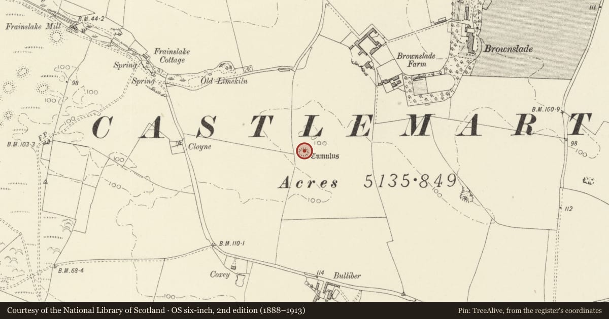 Ordnance Survey six-inch map, 2nd edition (1888–1913) covering the location of Brownslade Round Barrow, Castlemartin, Pembrokeshire, with a pin at the register's coordinates