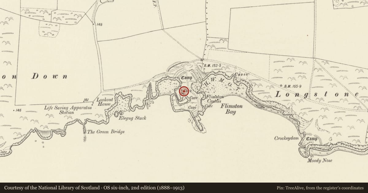 Ordnance Survey six-inch map, 2nd edition (1888–1913) covering the location of Flimston Bay Camp, Castlemartin, Pembrokeshire, with a pin at the register's coordinates