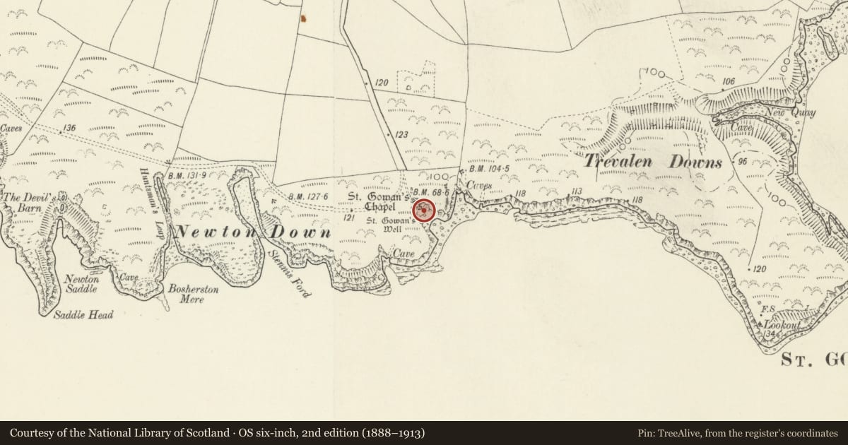 Ordnance Survey six-inch map, 2nd edition (1888–1913) covering the location of St Govan's Chapel and Well, Stackpole and Castlemartin, Pembrokeshire, with a pin at the register's coordinates