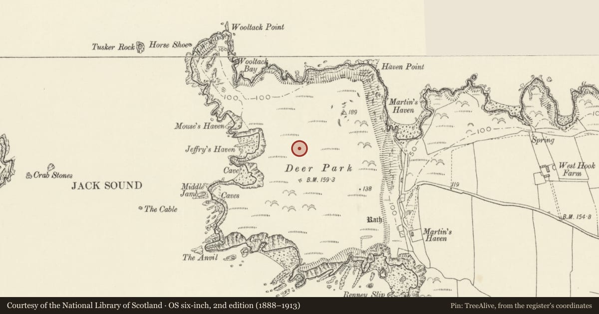 Ordnance Survey six-inch map, 2nd edition (1888–1913) covering the location of Deer Park Promontory Fort, Marloes and St. Brides, Pembrokeshire, with a pin at the register's coordinates