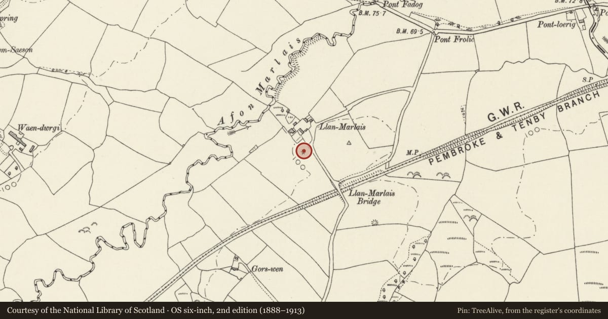 Ordnance Survey six-inch map, 2nd edition (1888–1913) covering the location of Llan-Marlais Round Barrow, Lampeter Velfrey, Pembrokeshire, with a pin at the register's coordinates