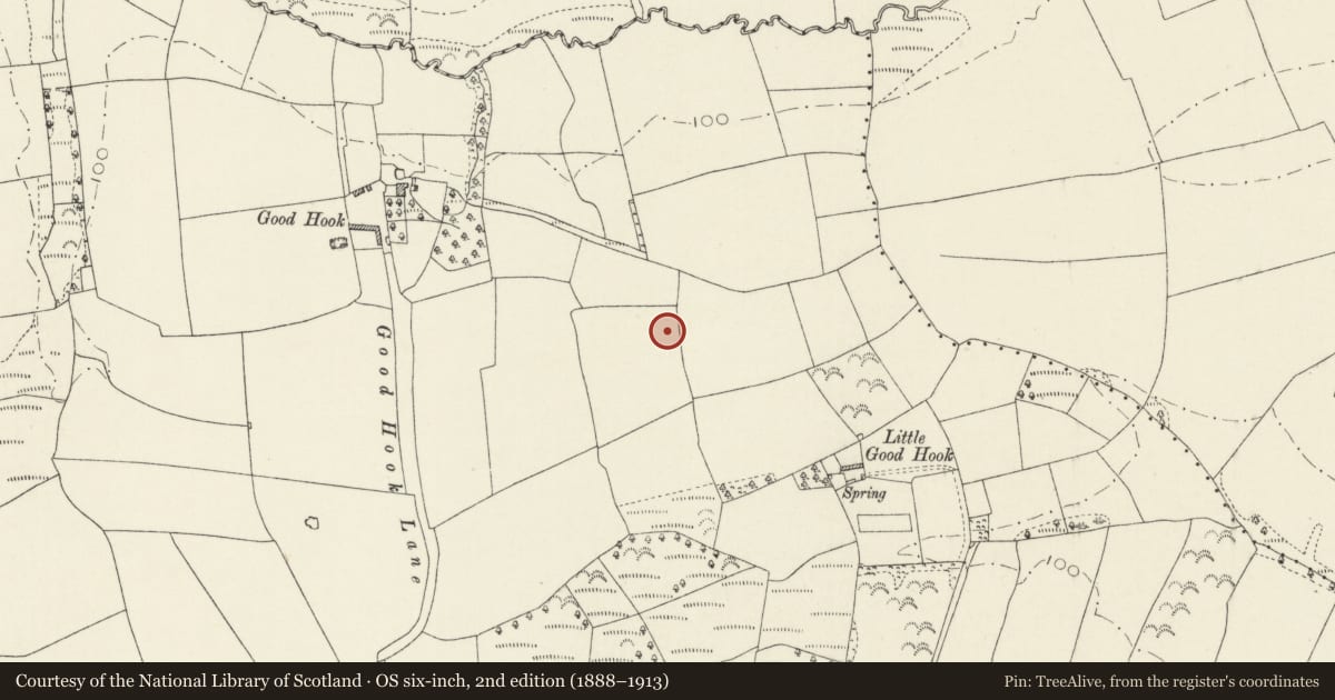 Ordnance Survey six-inch map, 2nd edition (1888–1913) covering the location of Good Hook Round Barrow, Uzmaston, Boulston and Slebech, Pembrokeshire, with a pin at the register's coordinates